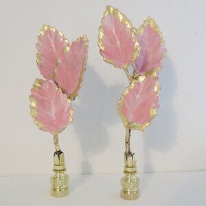 Pale Pink and Patina Gold Leaf Tole Leaf Lamp Finials, a pair by C. Damien Fox